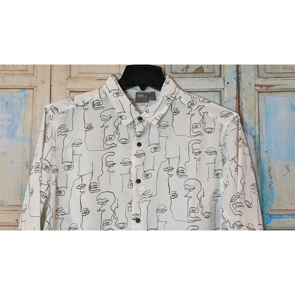 Asos Womens Size XL White Sketchy Faces Print Long Sleeve Button Up Shirt Top - Picture 3 of 7